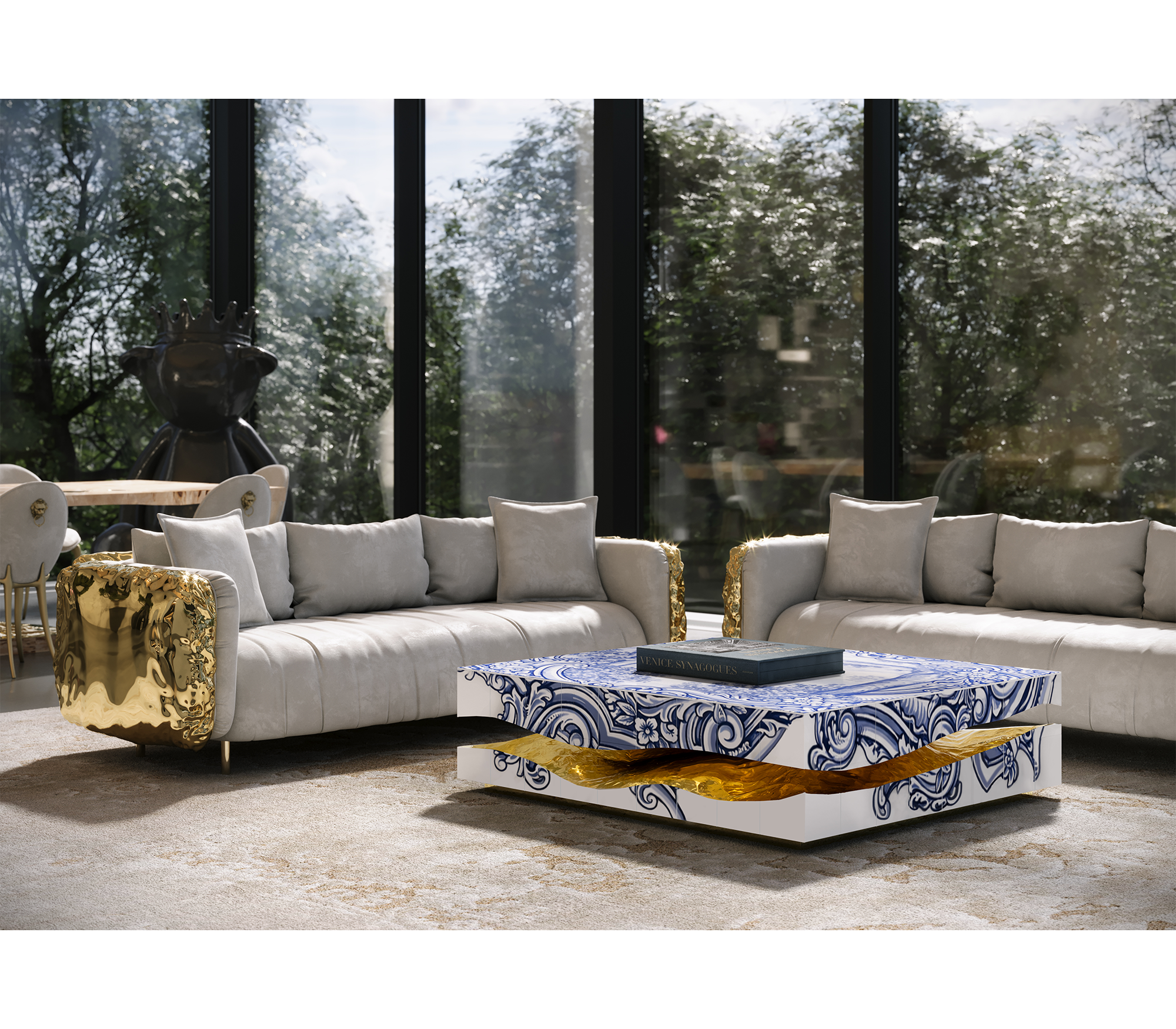 Brass Stone White Sculptural Form Coffee Table