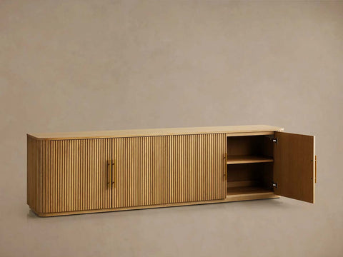 Finnley Reeded Wood Media Console with Modern White Oak TV Stand Living Room Television Storage Unit