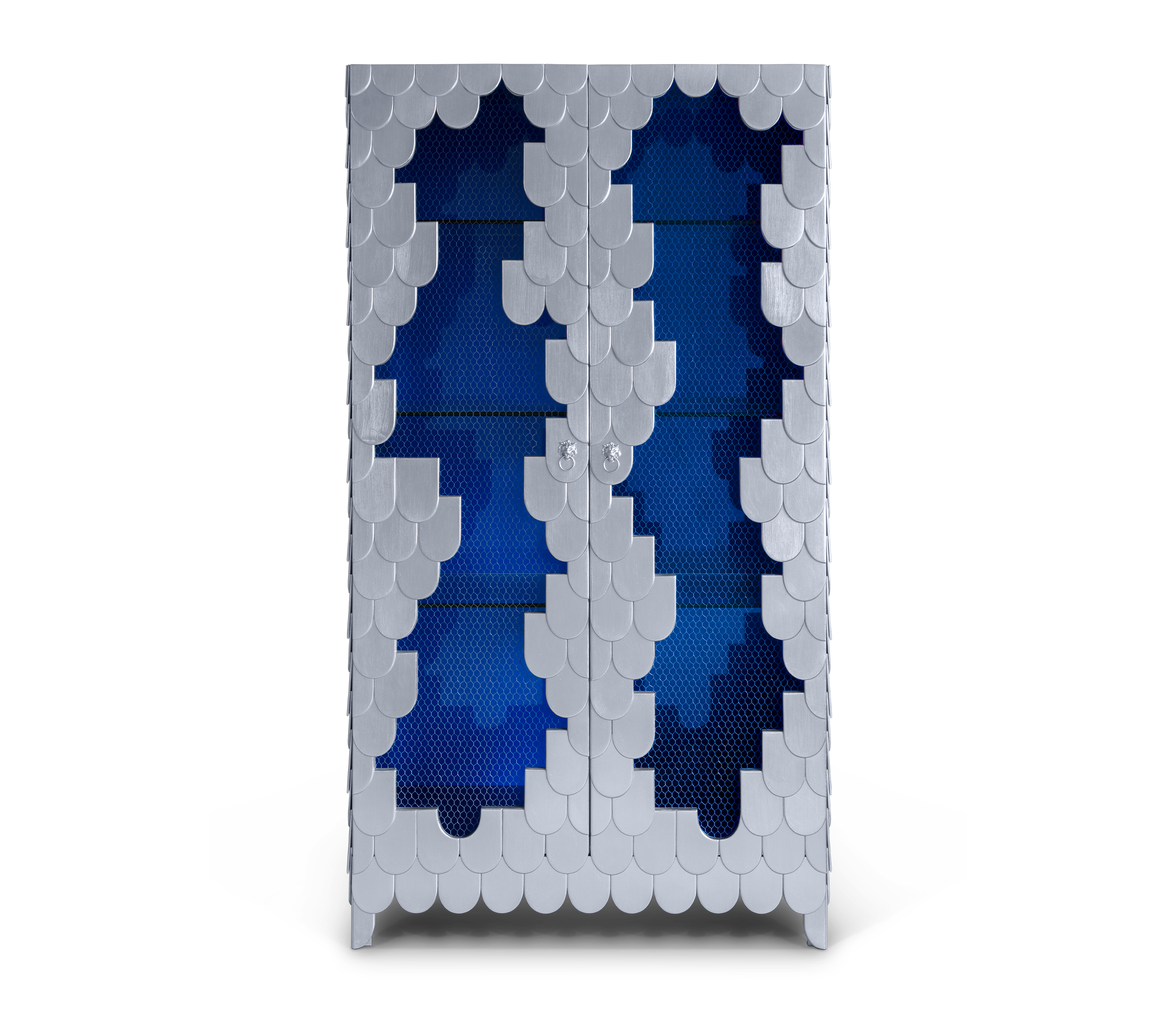 Glass Wood Blue Sculptural Form Display Cabinet