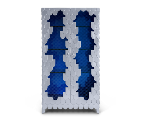 Glass Wood Blue Sculptural Form Display Cabinet