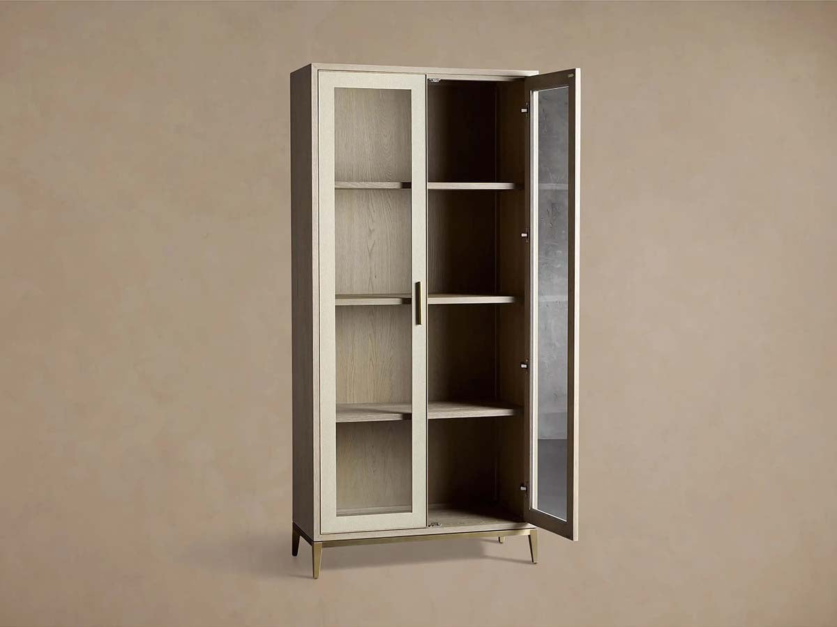 Malone Textured Leather Tall Display Cabinet with Minimalist Style Solid Wood Storage Cabinet with Glass Doors