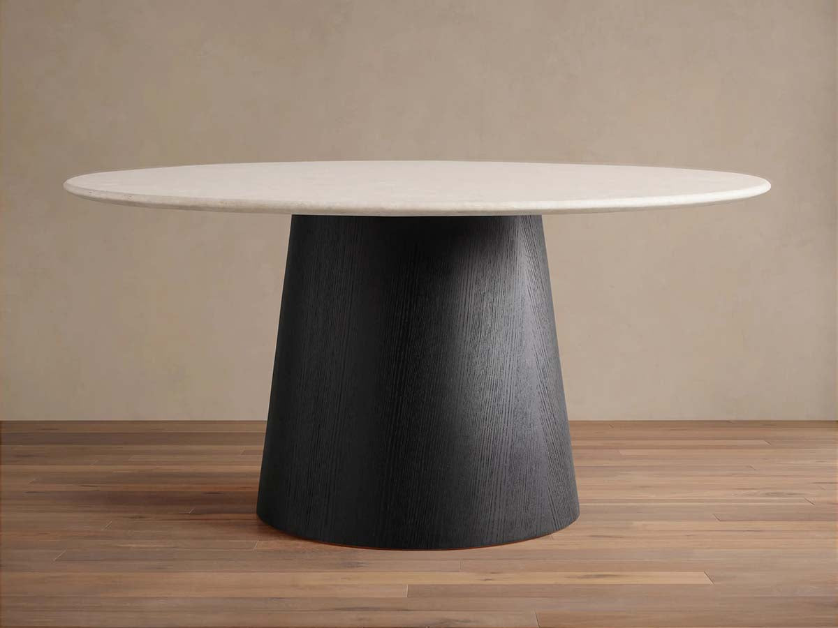 Saint Germain Round Dining Table with Carrara Marble Top Wood Toulouse Base