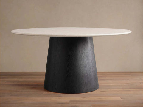 Saint Germain Round Dining Table with Carrara Marble Top Wood Toulouse Base