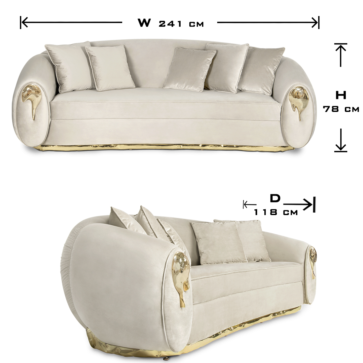 Brass Wood Sculptural Form Sofa Living Room
