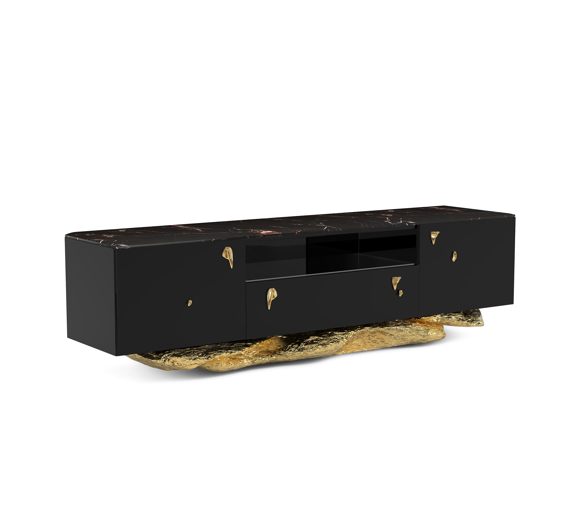 Black Gold Media Console with Marble Top and Hidden Storage