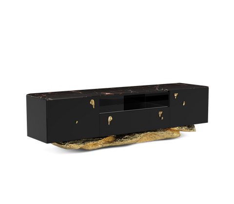 Black Gold Media Console with Marble Top and Hidden Storage