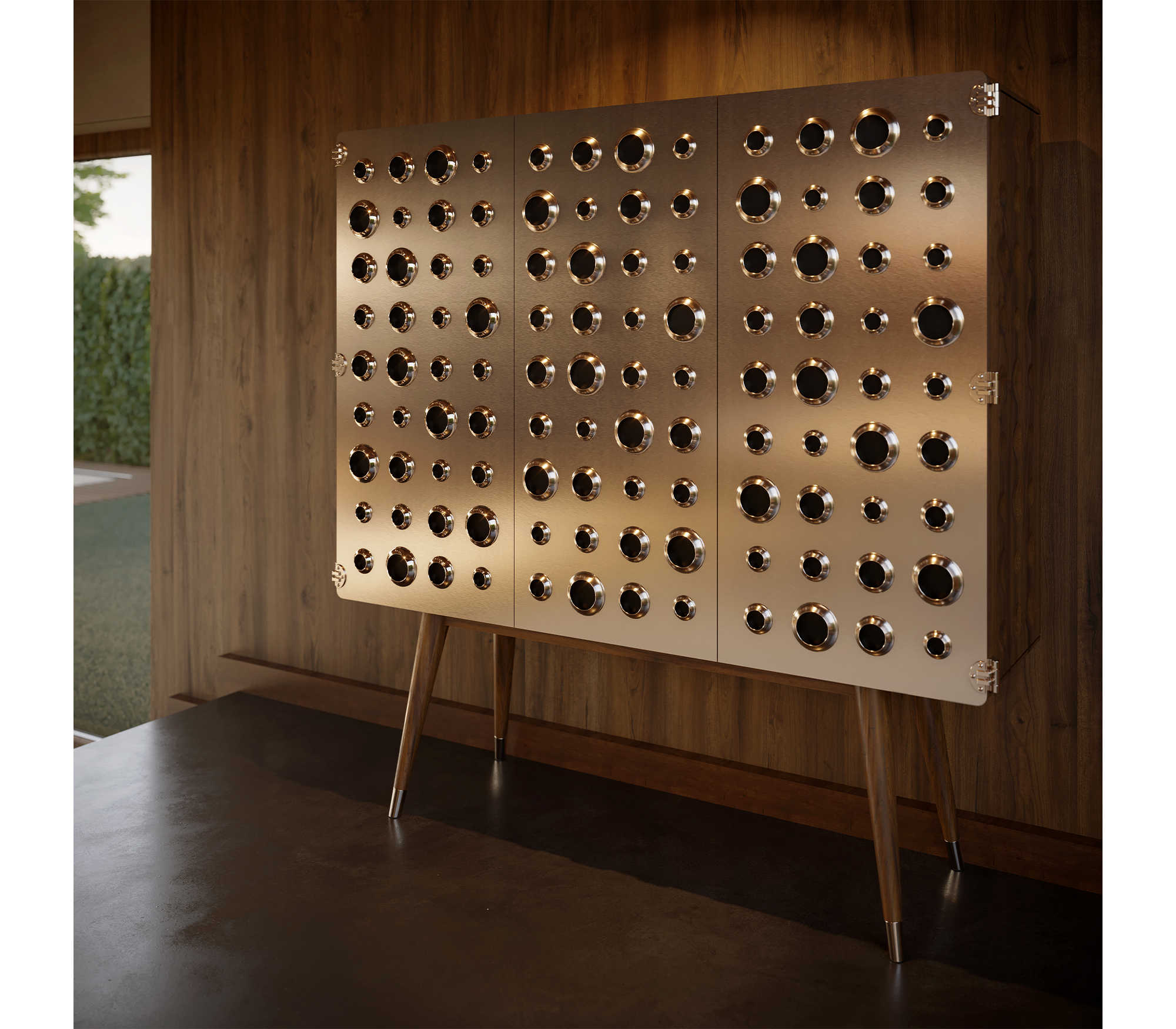 Walnut Bar Cabinet with Brass Accents and Hidden Storage
