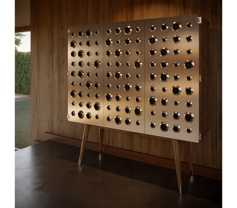 Walnut Bar Cabinet with Brass Accents and Hidden Storage