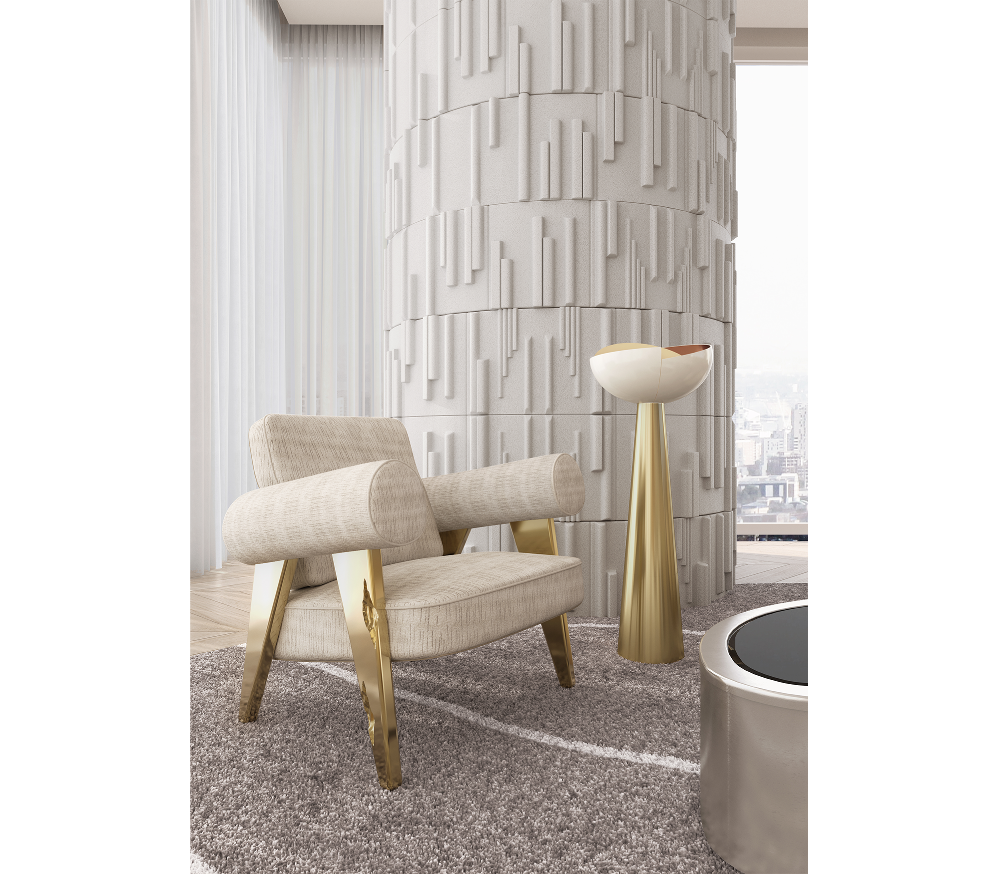 Brass Fabric Sculptural Form Armchair