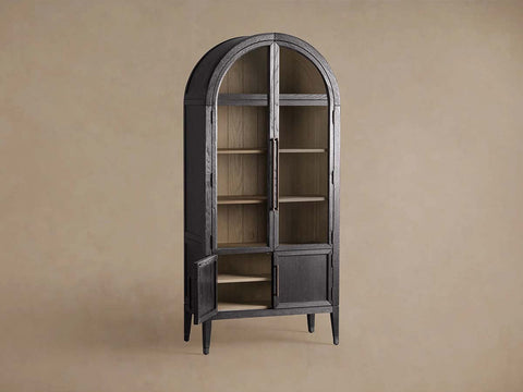 Hattie Glass Tall Display Cabinet with Oak Wood Living Room Storage Cabinet