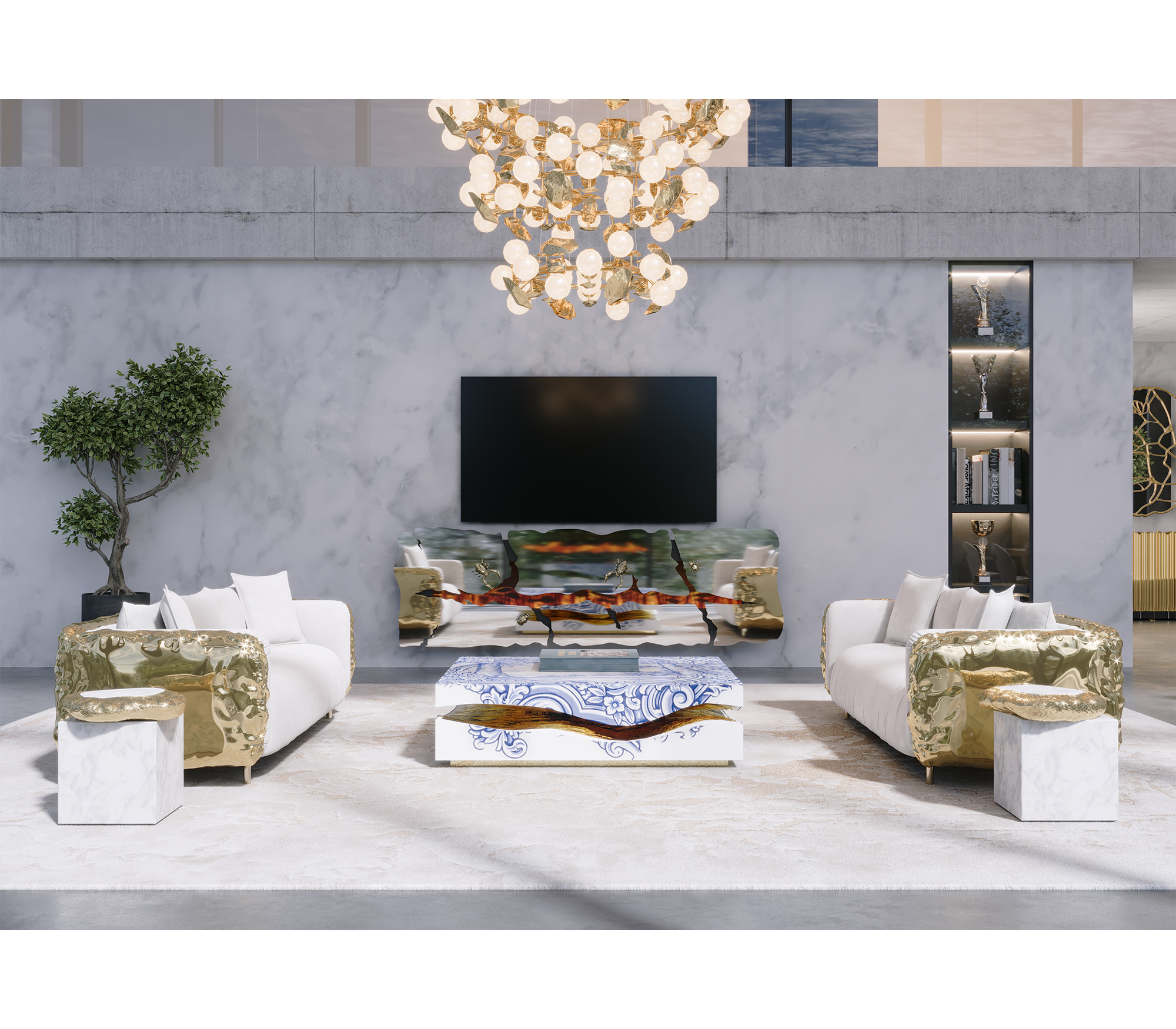 Brass Stone White Sculptural Form Coffee Table