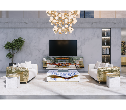Brass Stone White Sculptural Form Coffee Table