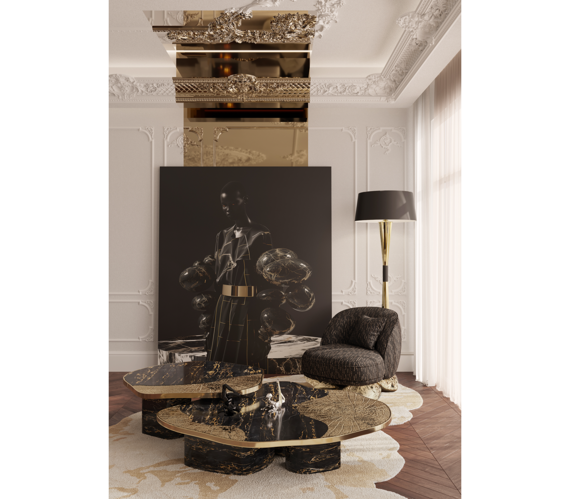 Stone Marble Black Sculptural Form Coffee Table
