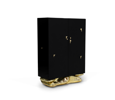 Brass Stone Black Sculptural Form Cabinet