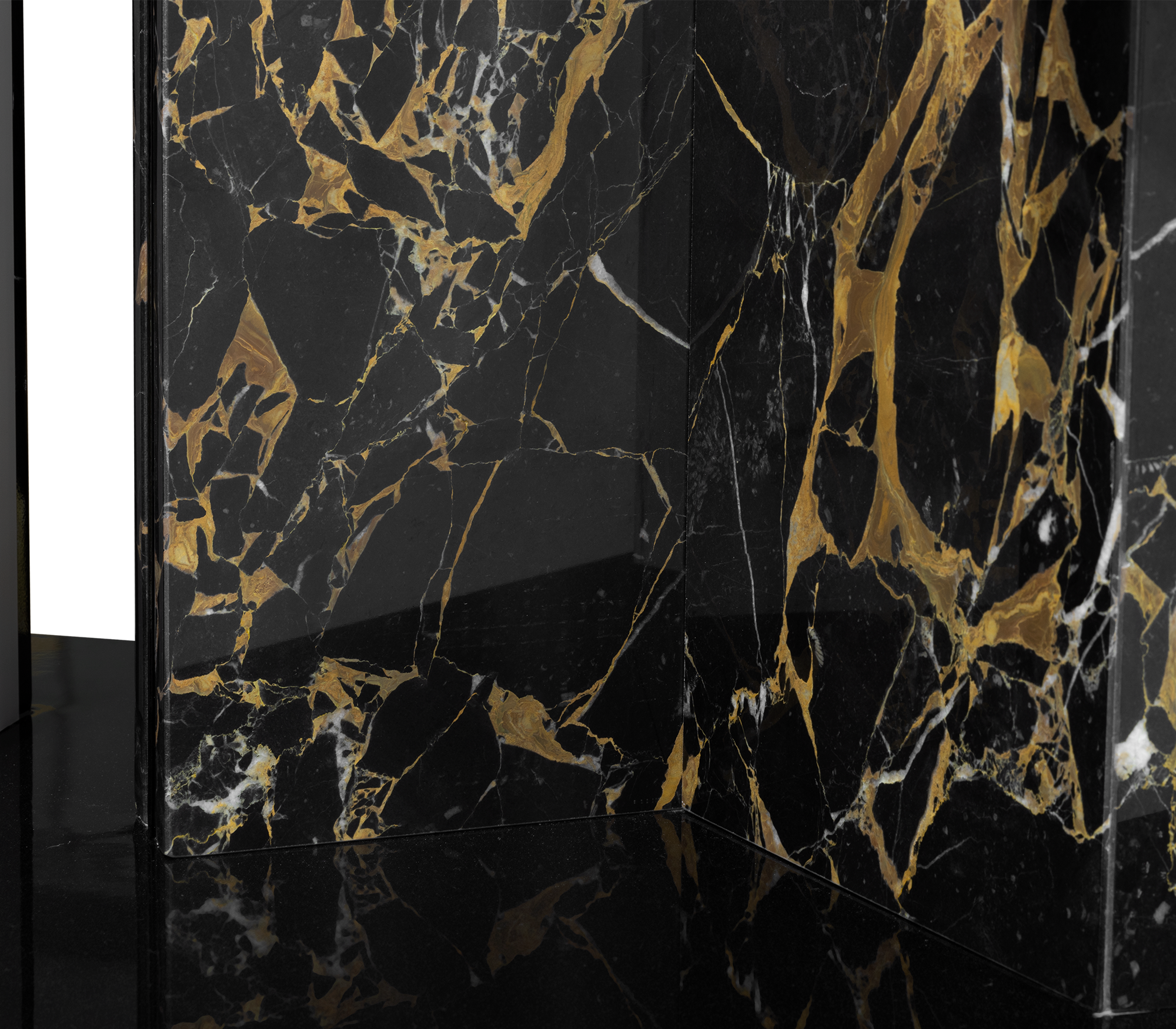 Double-Sided Bookcase with LED Lighting, Marble Shelves and