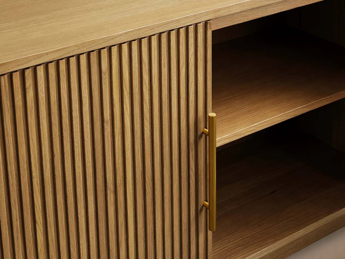 Finnley Reeded Wood Media Console with Modern White Oak TV Stand Living Room Television Storage Unit