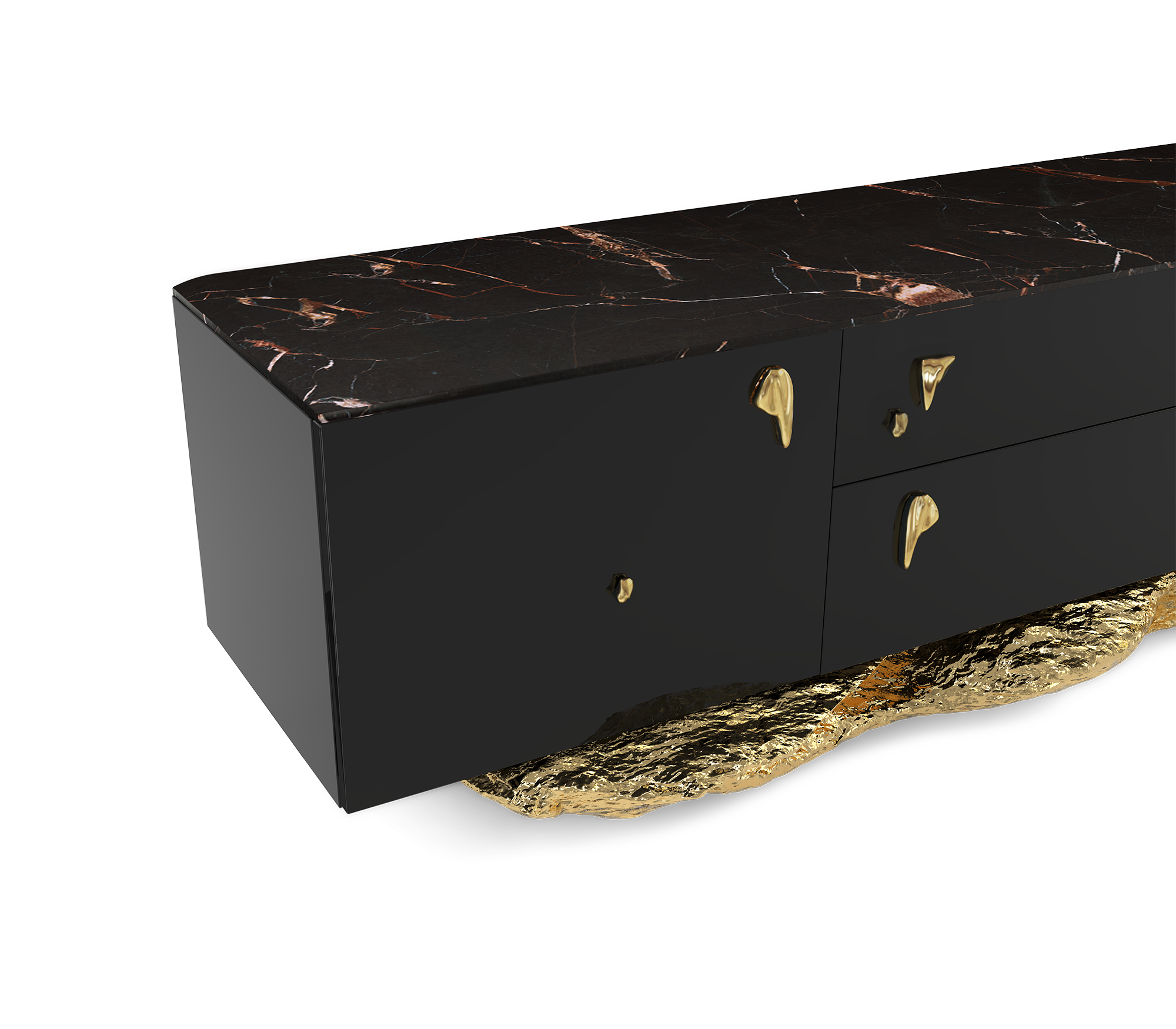 Black Gold Media Console with Marble Top and Hidden Storage
