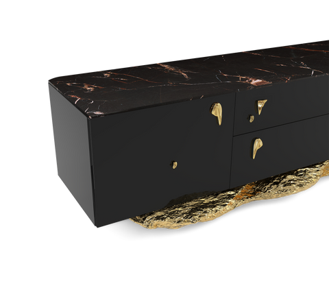 Black Gold Media Console with Marble Top and Hidden Storage