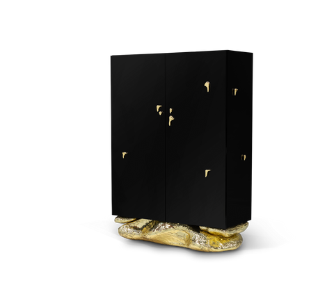 Brass Stone Black Sculptural Form Cabinet