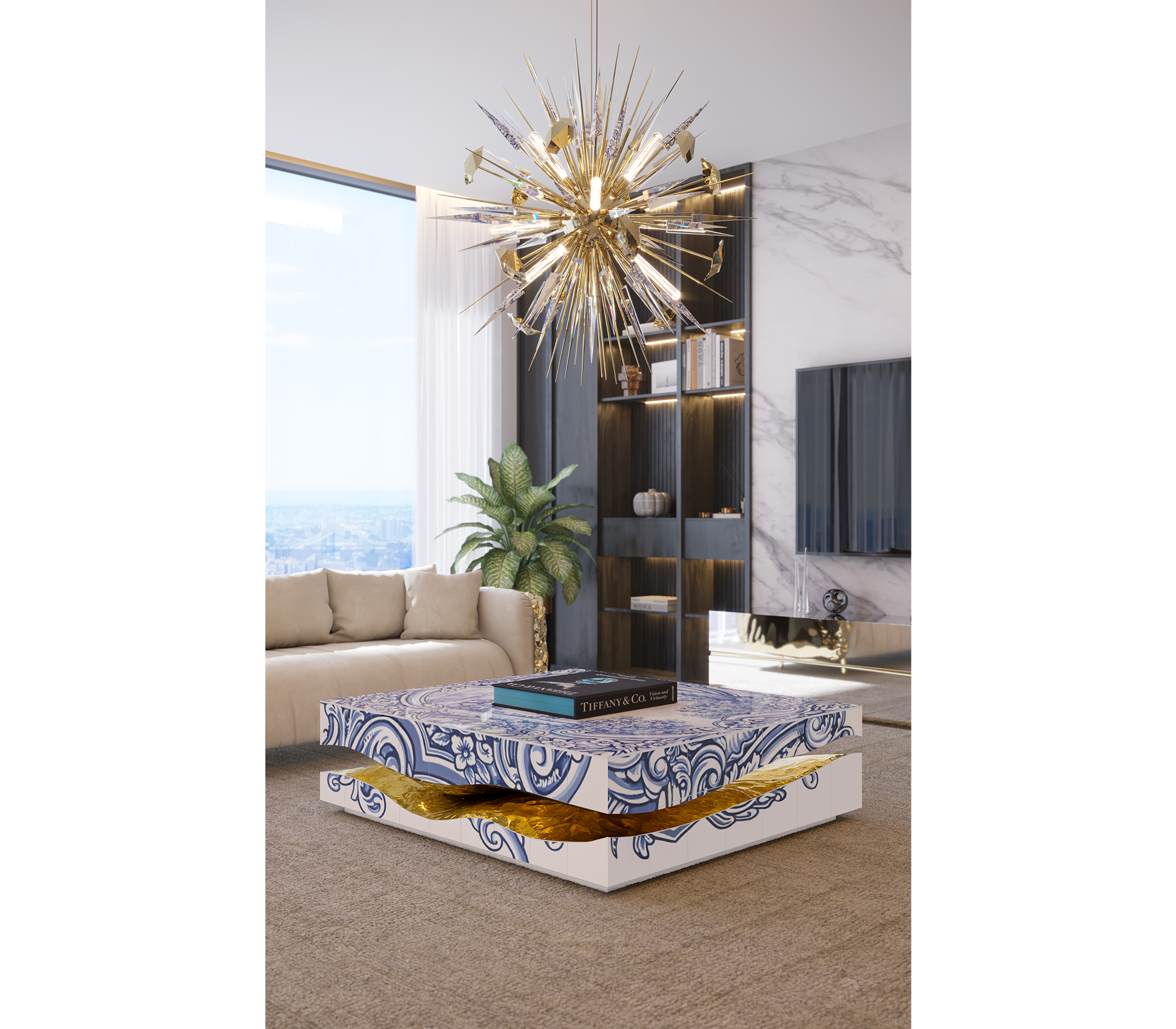 Brass Stone White Sculptural Form Coffee Table