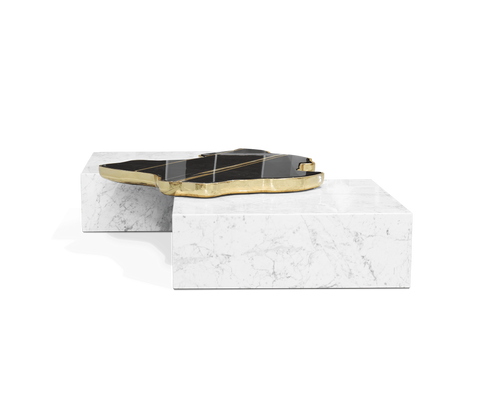 Luxury Sculptural Coffee Table Black & White High-Gloss Marble Finish