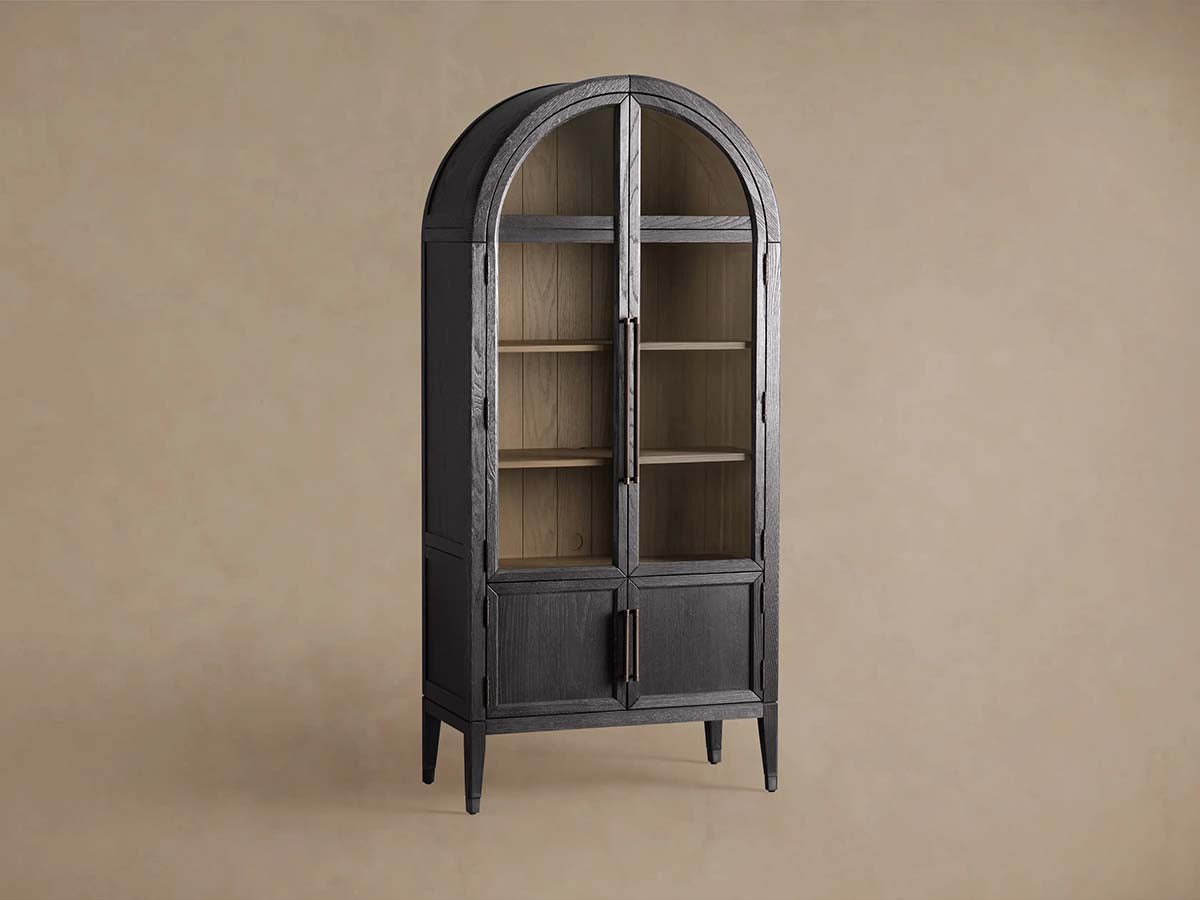 Hattie Glass Tall Display Cabinet Oak Wood Living Room Storage Cabinet