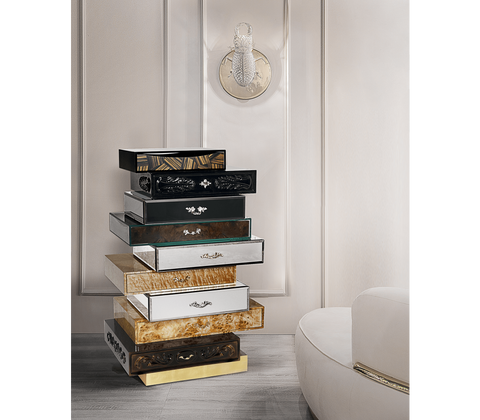 Walnut Brass Storage Drawers Chest of Drawers