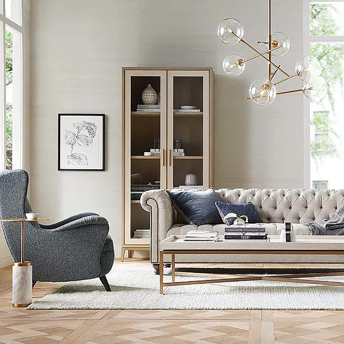 Malone Textured Leather Tall Display Cabinet with Minimalist Style Solid Wood Storage Cabinet with Glass Doors