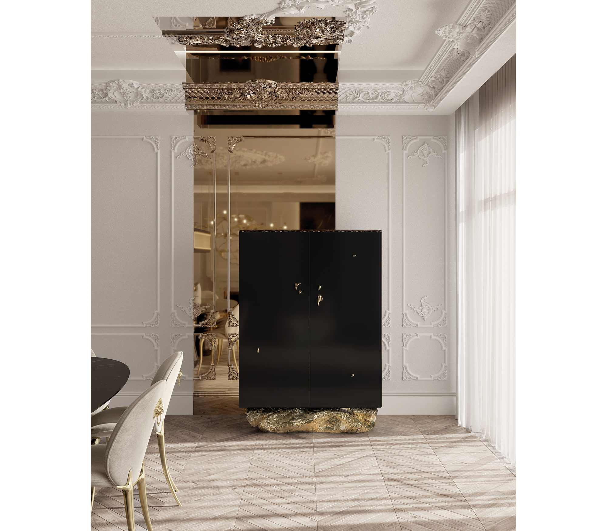 Brass Stone Black Sculptural Form Cabinet