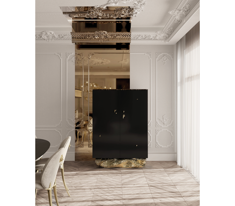 Brass Stone Black Sculptural Form Cabinet