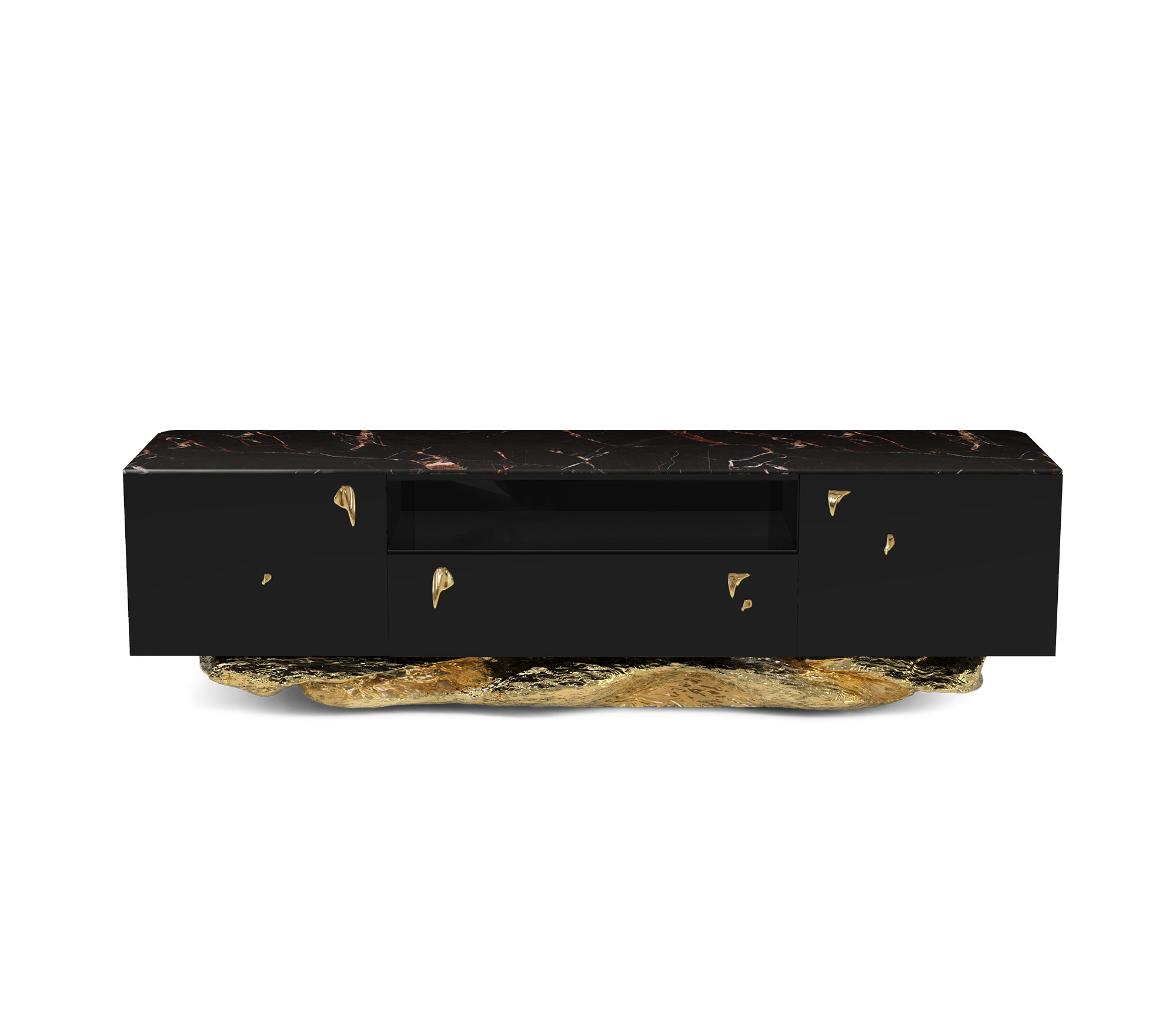 Black Gold Media Console with Marble Top and Hidden Storage
