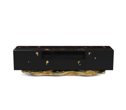 Black Gold Media Console with Marble Top and Hidden Storage