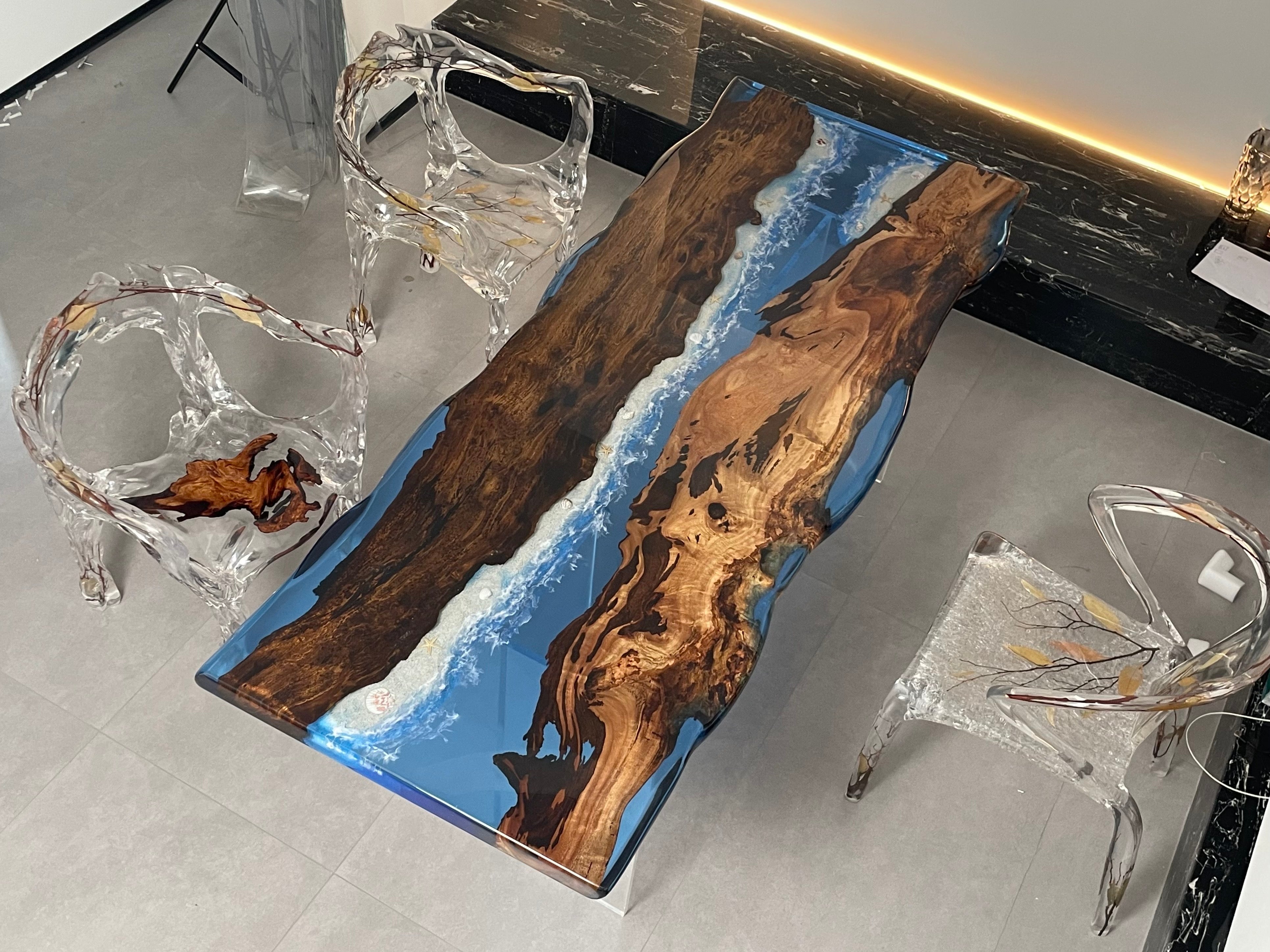 Ocean Blue Epoxy Teak Wood Dining Table