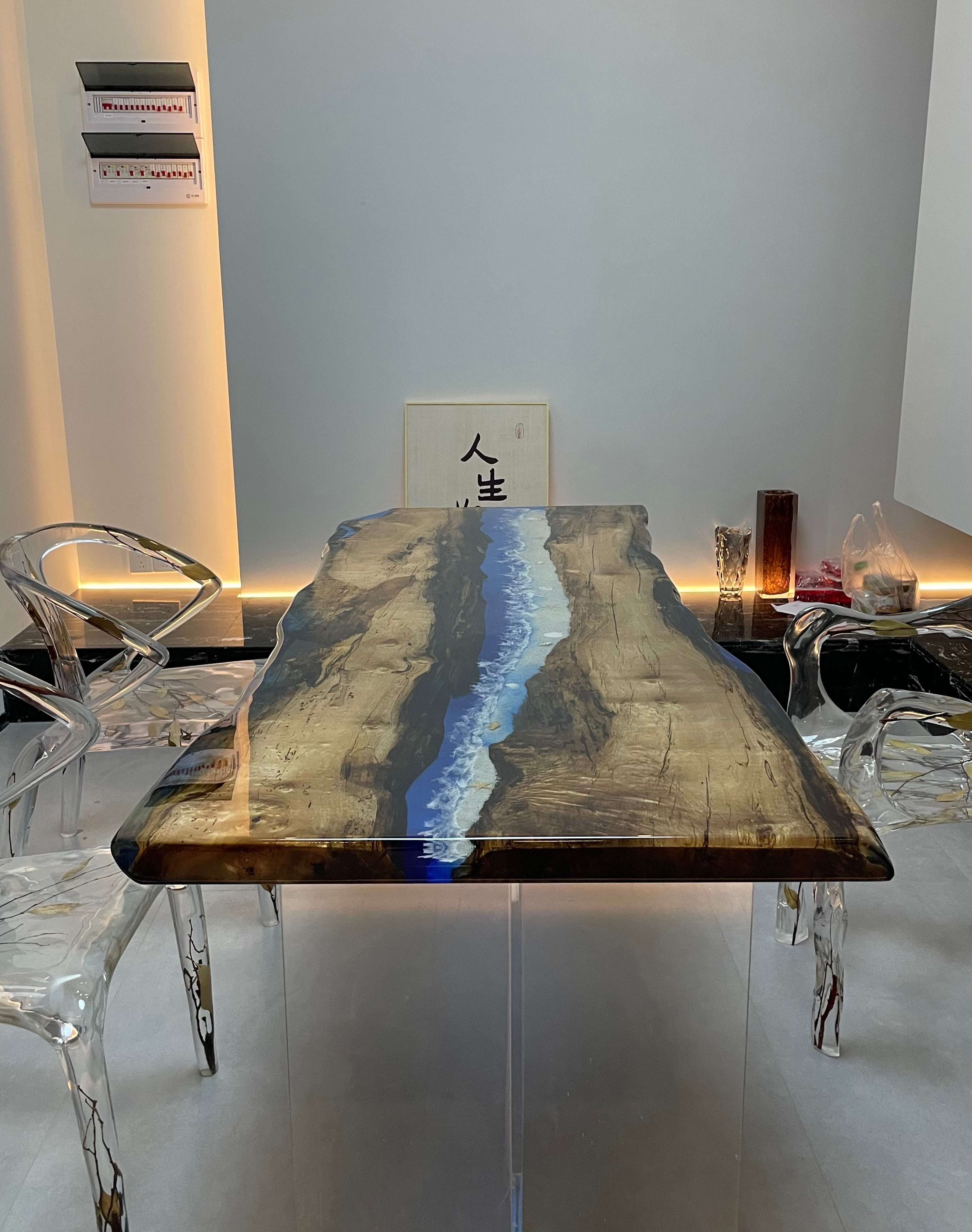 Ocean Blue Epoxy Teak Wood Dining Table