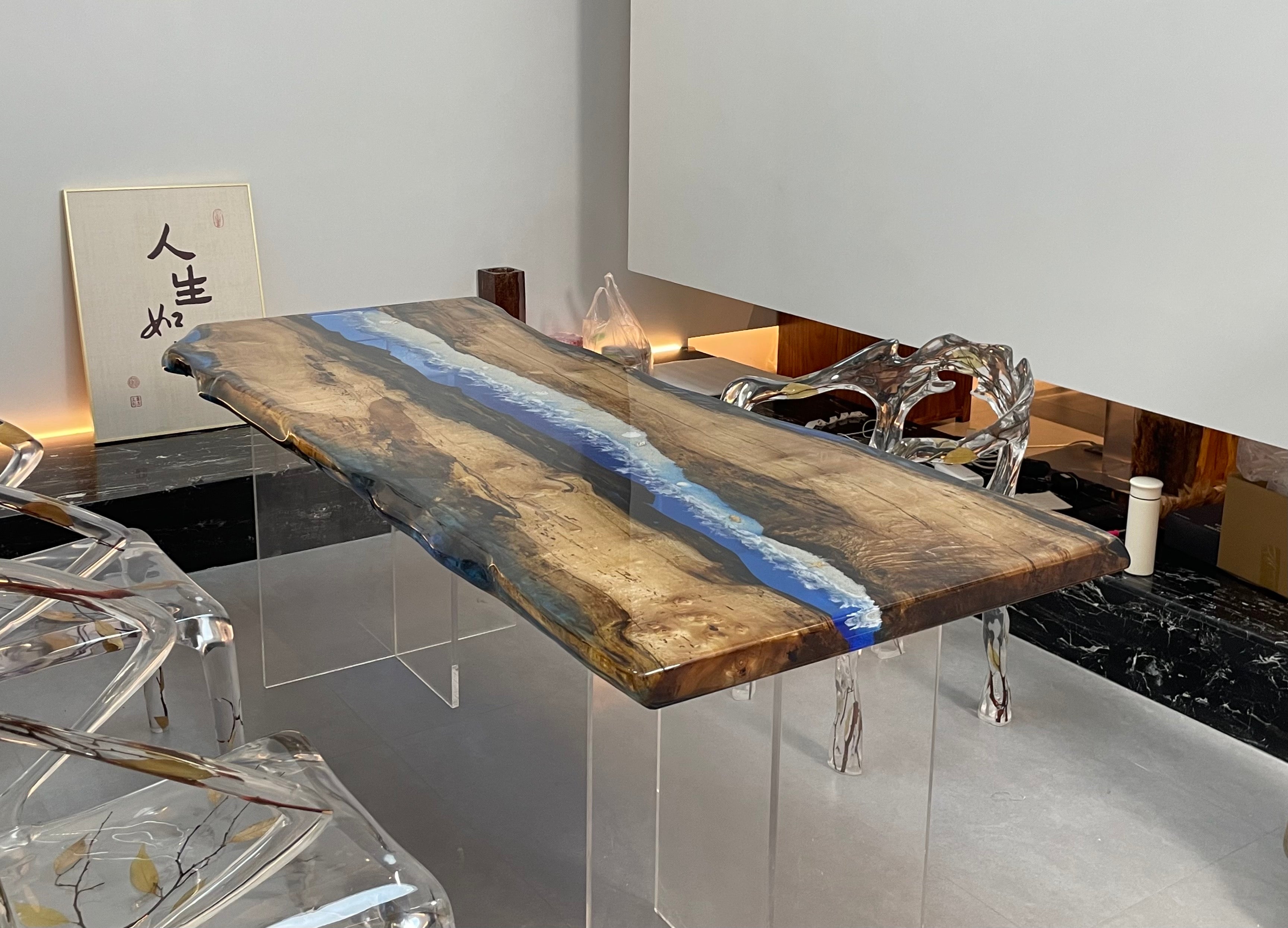 Ocean Blue Epoxy Teak Wood Dining Table