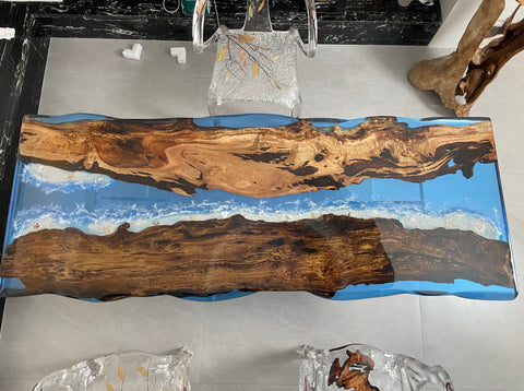 Ocean Blue Epoxy Teak Wood Dining Table