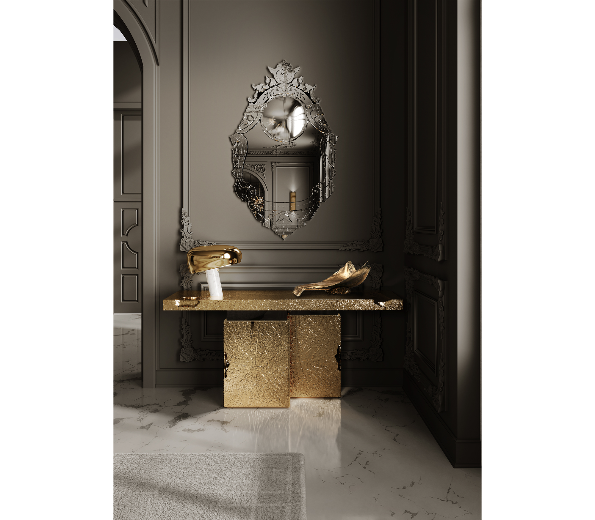 Brass Mirrored Gold Sculptural Form Cabinet Entryway