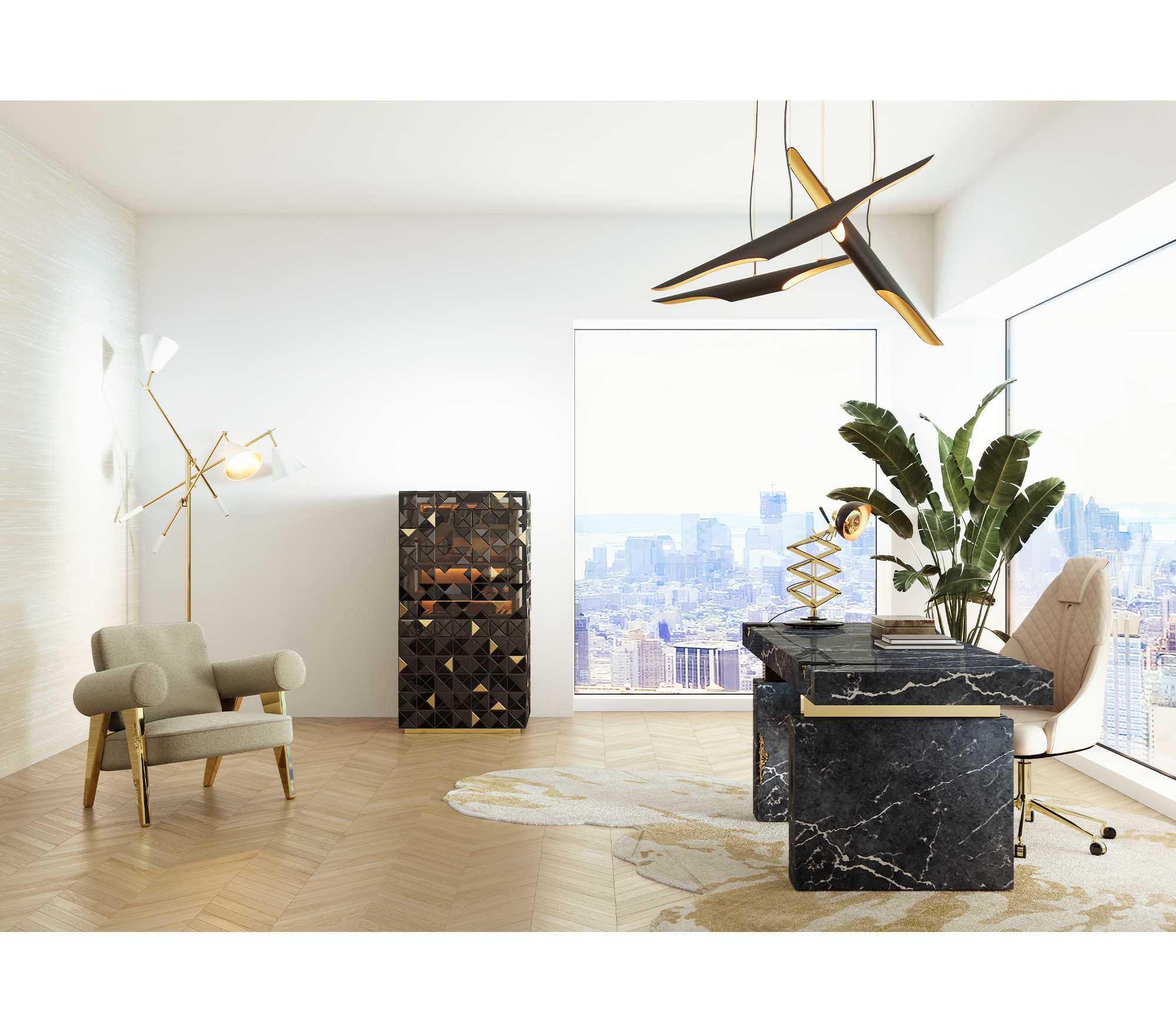 Empire Cracked Brass Inlay Marble Desk