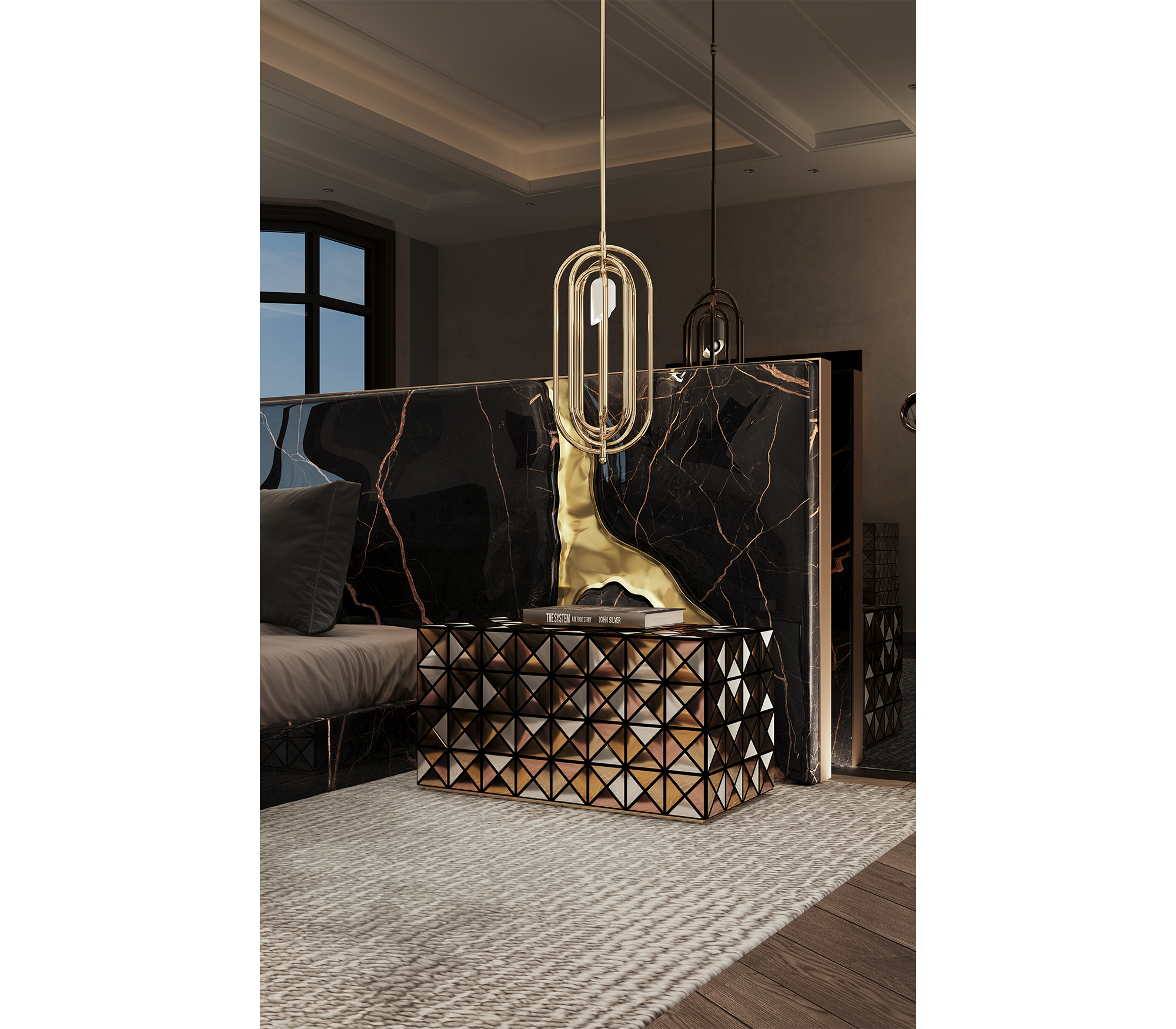 Pixel Geometric Mixed Metal Mirrored Nightstand