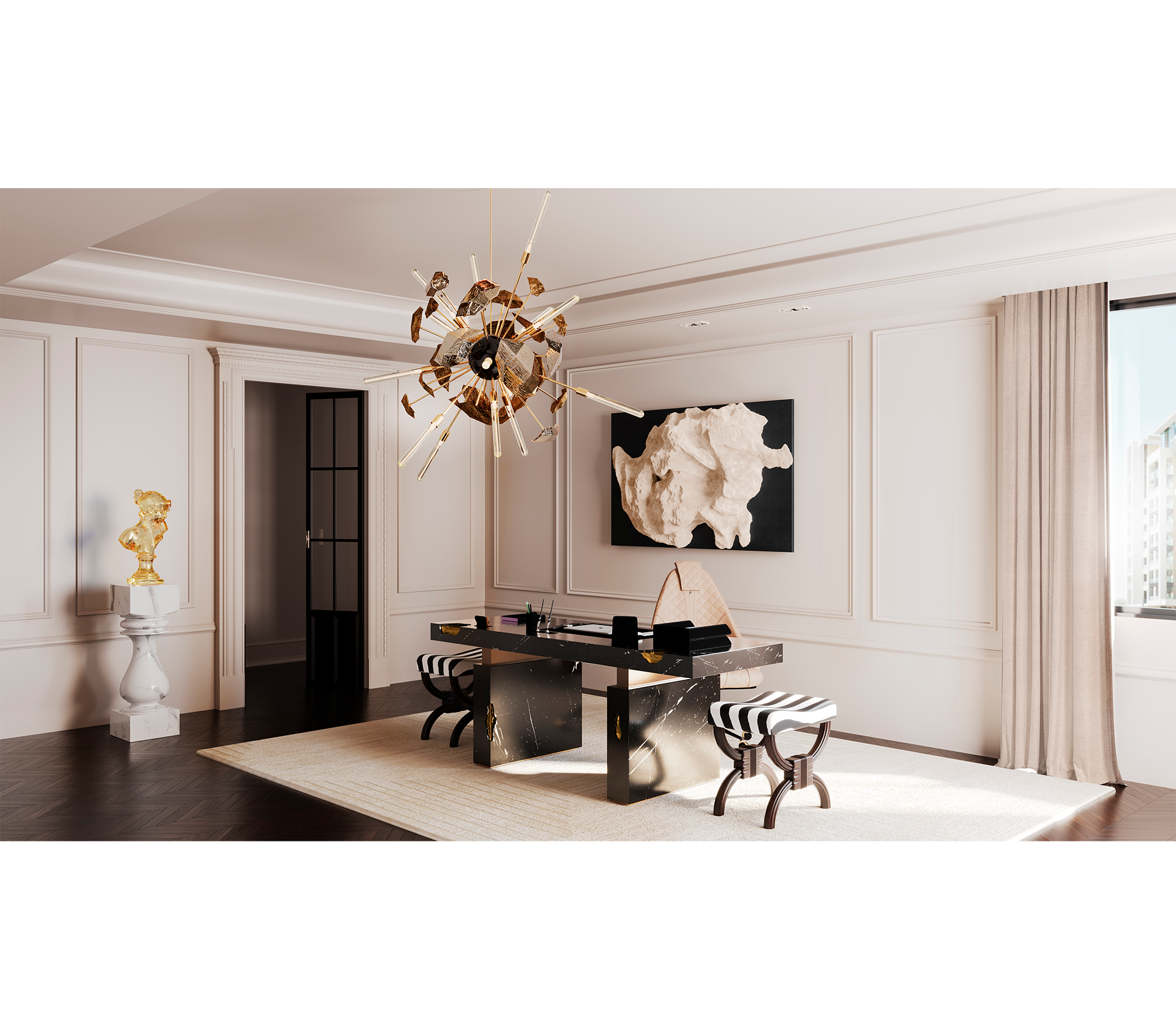 Empire Cracked Brass Inlay Marble Desk
