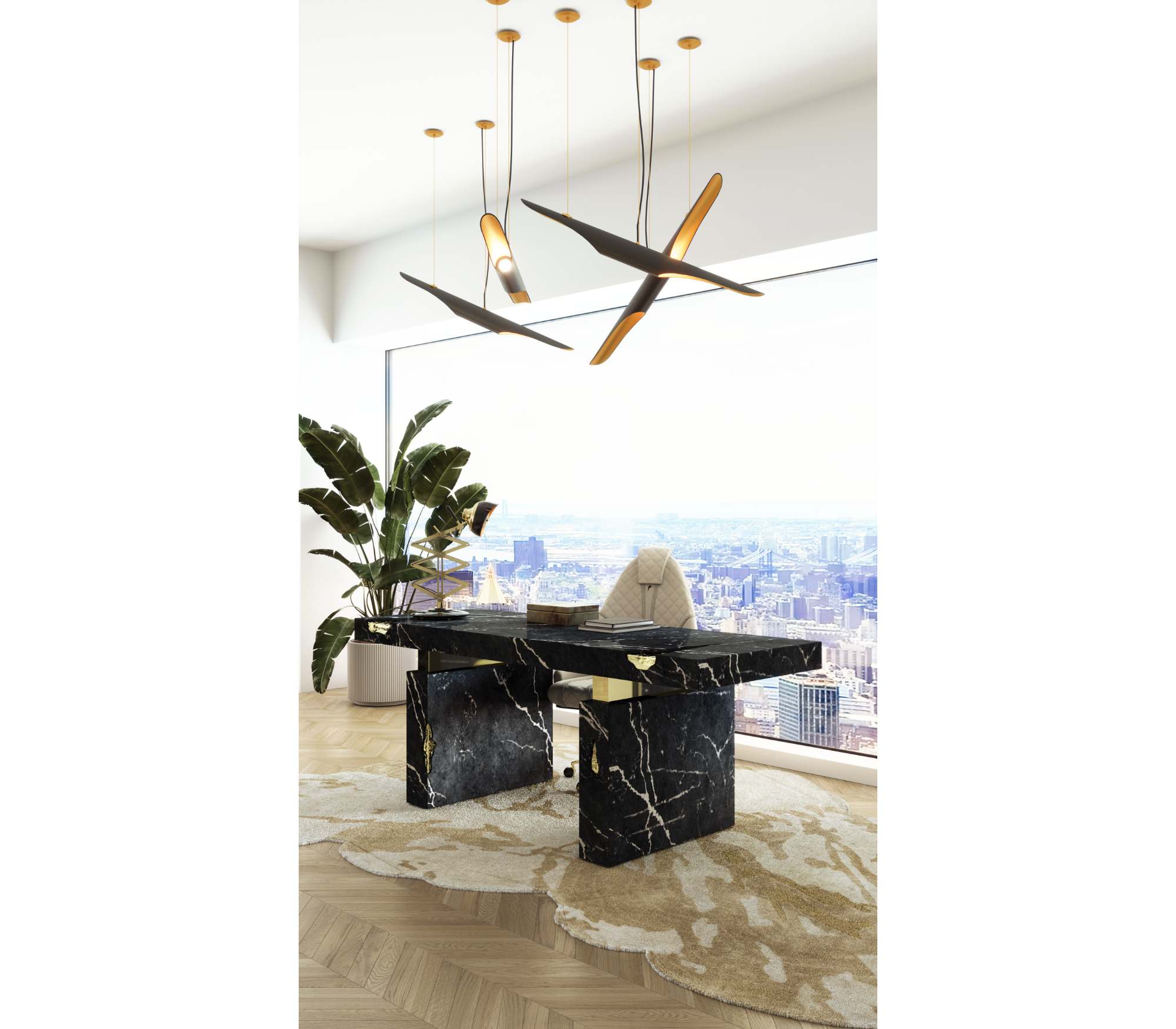 Empire Cracked Brass Inlay Marble Desk