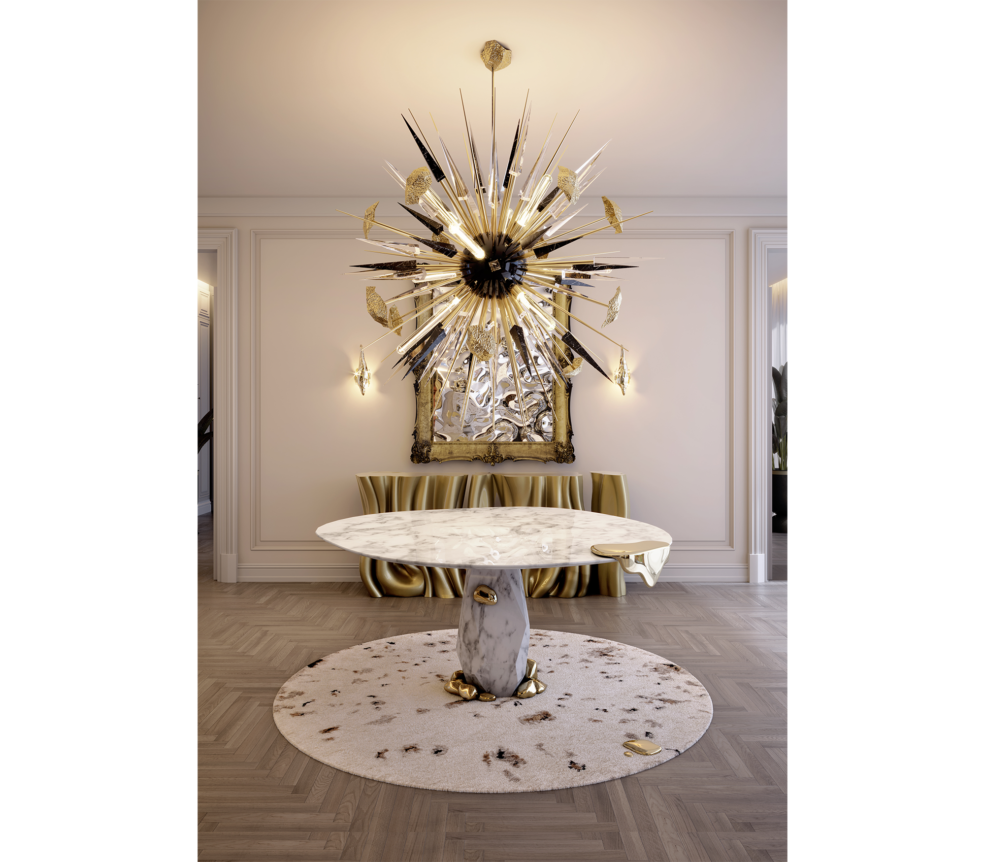 Diamond Marble and Brass Round Dining Table