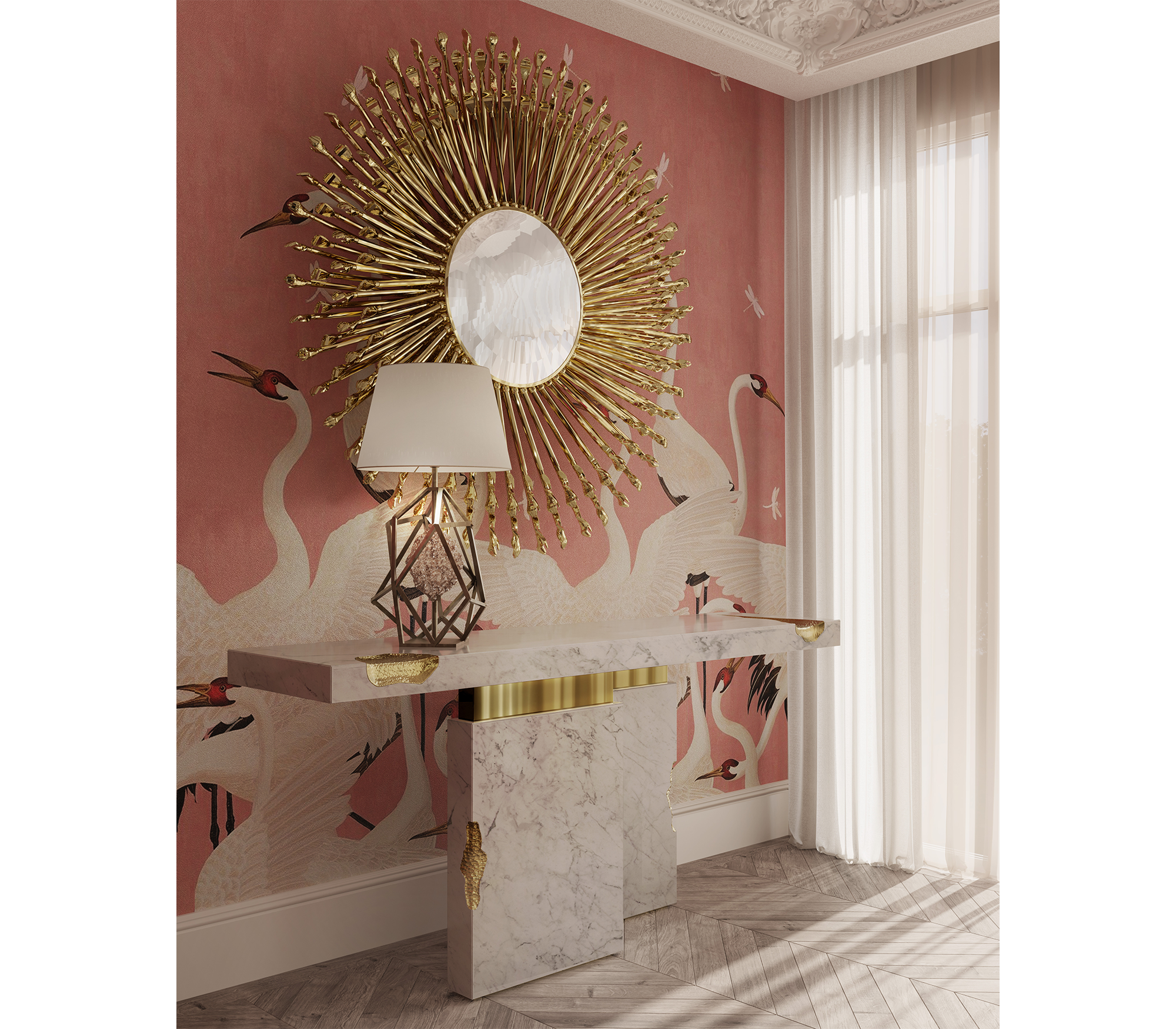 Brass Mirrored Gold Sculptural Form Cabinet Entryway