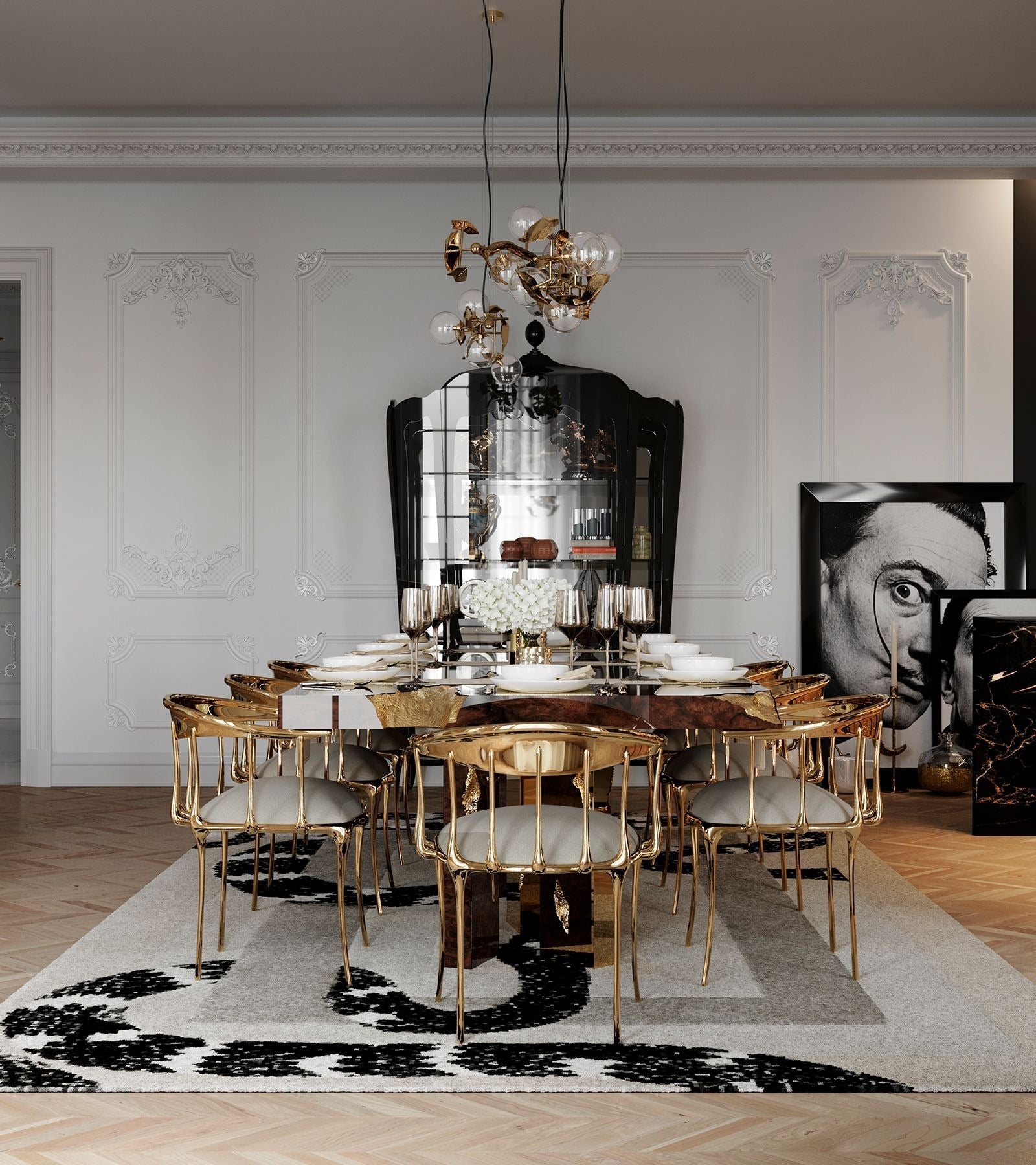 Brass Mirrored Blue Sculptural Form Dining Chair