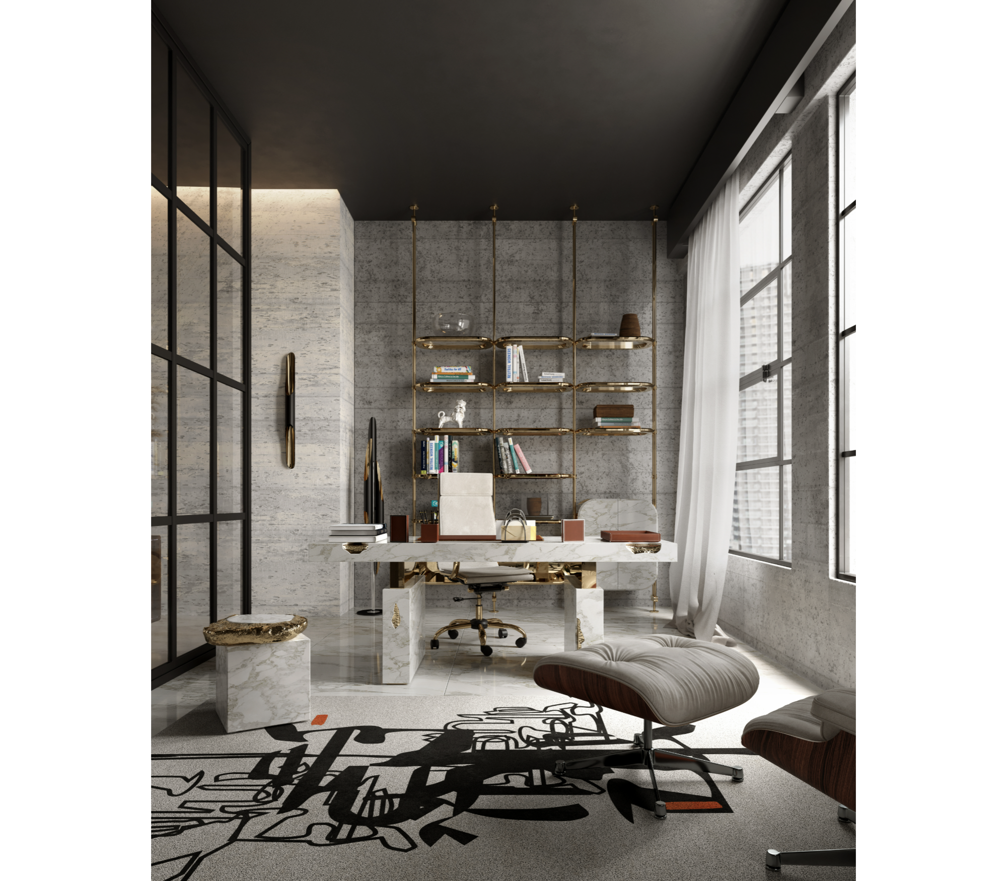 Empire Cracked Brass Inlay Marble Desk