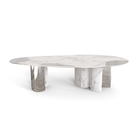 Ophelia Oval Carrara Marble and Gold Dining Table