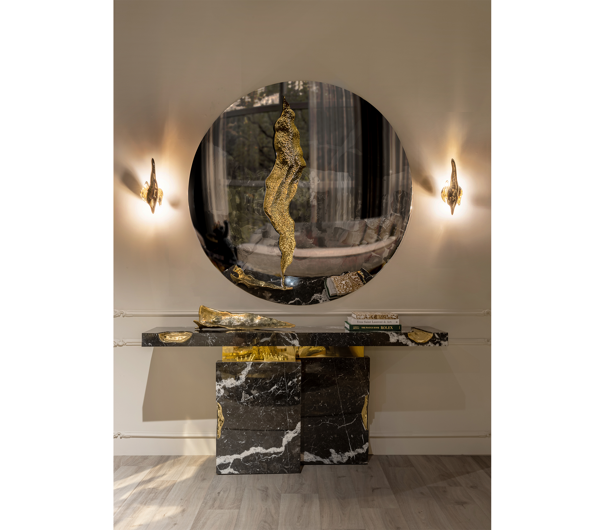 Brass Mirrored Gold Sculptural Form Cabinet Entryway