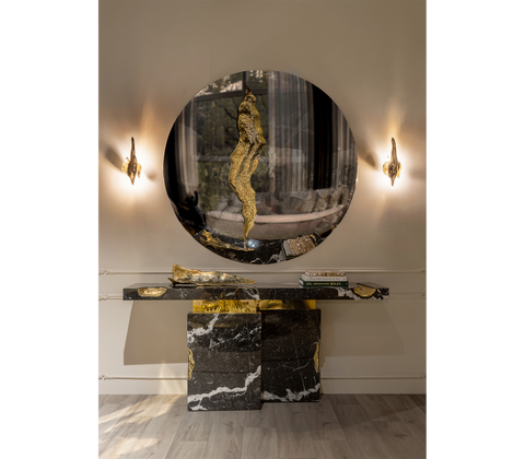 Brass Mirrored Gold Sculptural Form Cabinet Entryway