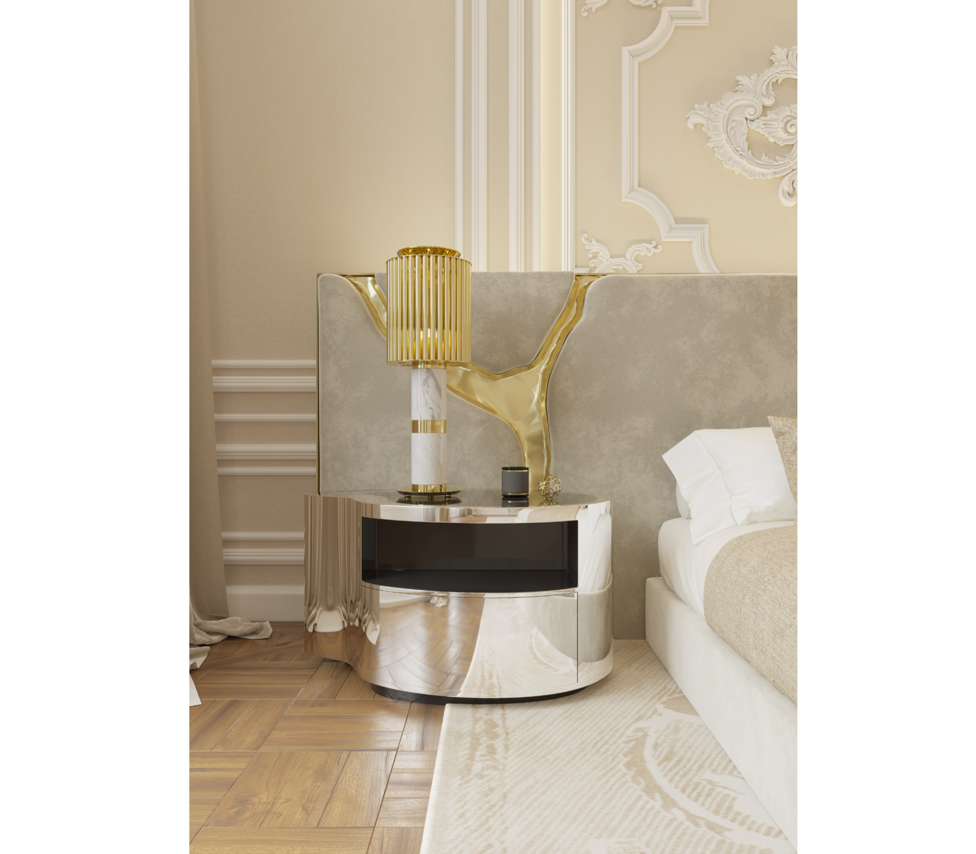Wave Organic Curved Polished Metal Modern Nightstand