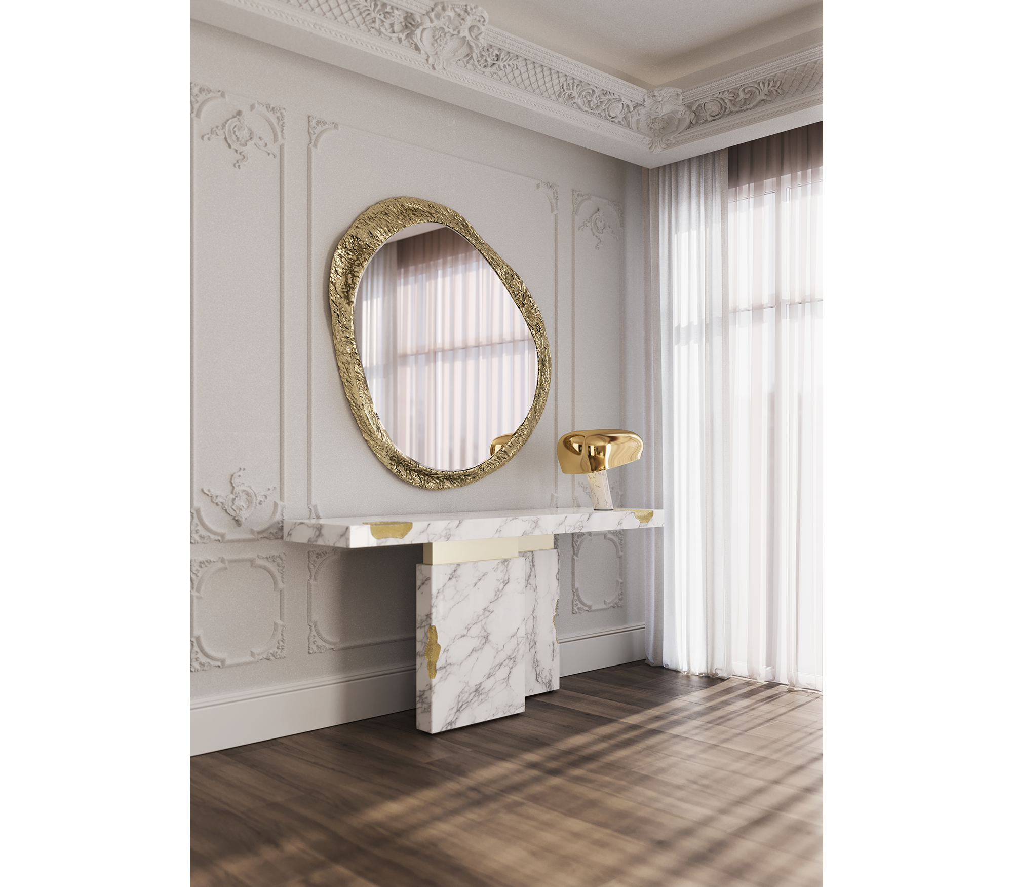 Brass Mirrored Gold Sculptural Form Cabinet Entryway